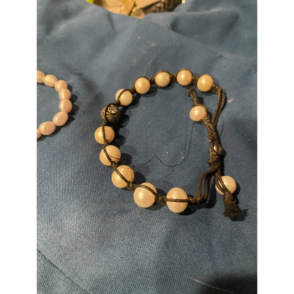 Freshwater Pearl Beaded Bracelet Handcrafted White Knotted Cord Silver Tone Bead